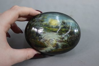 H Vintage Hand-Painted Black Lacquer Banded Ovoid Box With Red Lacquer Interior