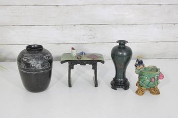 Asian Inspired Decorative Group Lot  Etched Vase, Miniature Table, Green Vase & Figural Planter  Mixed Dcor