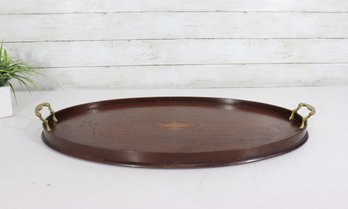 Vintage Oval Wooden Serving Tray With Brass Handles & Inlay  24 X 14