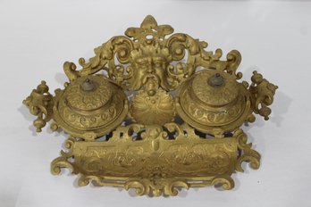 Antique French Brass Double Inkwell With Foliage Decoration   (10.5' X 8.5')