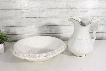 Vintage White Ironstone Bowl & Pitcher Set With Gold Floral Trim  16 Bowl / 12 Pitcher