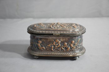 Vintage Purple Velvet Lined Repousse Metal Jewelry Casket