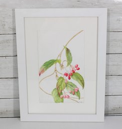 Framed Botanical Watercolor Print  Pink Berries & Green Leaves  Signed  17.5' X 13'