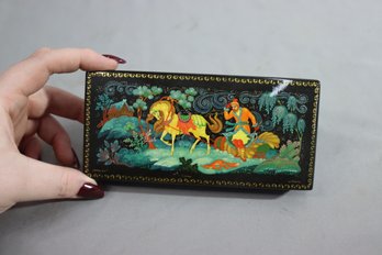 Vintage Hand-Painted Black Lacquer Trinket Box With Red Lacquer Interior