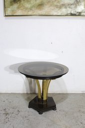 Dunbar Mid-Century Modern Brass & Smoked Glass Side Table  23'H X 27' Round (Chip On Rim)