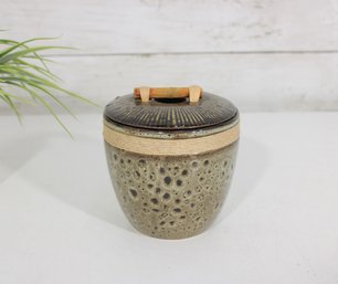Vintage Studio Pottery Lidded Jar With Bamboo Handle  Textured Ceramic Vessel  4.5' Tall