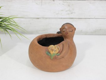 Vintage Folk Art Figural Pottery Planter  Woman With Braid & Flower  5.5' Sculpture Vase