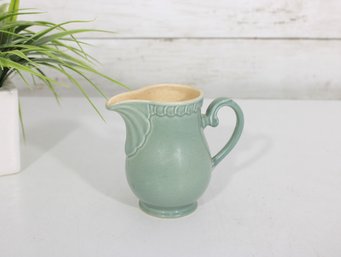 Vintage English Pottery Creamer Pitcher  Green Glaze  Made In England  4' Tall