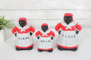Vintage Black Americana Figural Kitchen Canister Set  Flour, Sugar & Coffee  6', 7', 8'