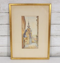 Framed European Street Scene Watercolor  Church Tower  Signed  16' X 11.5'