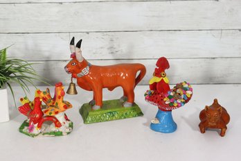 Vintage Hand-Painted Folk Art Animal Figures  Donkey, Roosters & Carousel Animals  Mexico