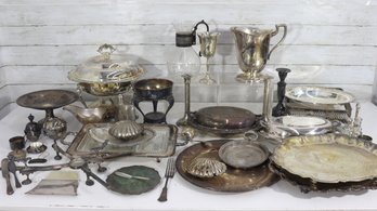 Vintage Mixed Metal Serving & Tableware Lot  Silverplate, Trays, Bowls, Goblets & More  Large Group