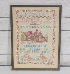 Vintage Framed Needlework Sampler  House Of Seven Gables Salem Mass 1688  D. Primm Design  17' X 12.5'