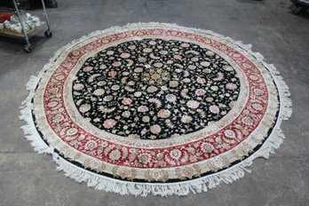 Elegant Round Persian-Style Rug - 99' Diameter - Black With Red And Floral Design
