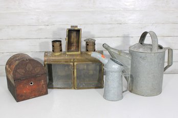 Vintage Metal Garden & Lantern Group Lot  Galvanized Watering Cans, Brass Lantern & Rustic Tin Box