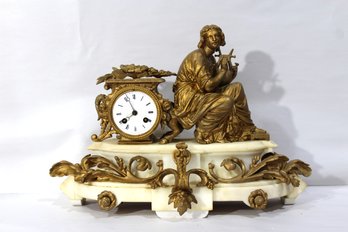 French Gilt Bronze And  Marble.  Clock With Seated Musician-untested