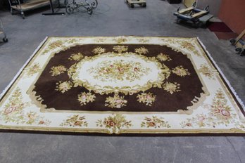 Floral Aubusson-Style Area Rug - 121.5' X 98' - Brown And Cream With Roses