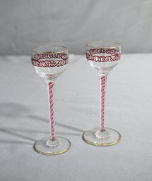 Two Latticino Blown Glass Stemmed Cordial Glasses