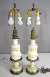 Pair Of Vintage Glass & Brass Table Lamps - Dual Socket Design