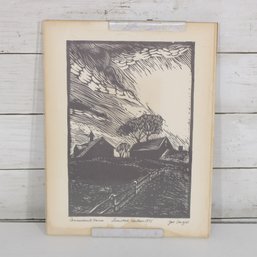 Joe Fazio Woodcut Connecticut Farm 1975  Limited Edition Signed  Framed  12' X 9.5'