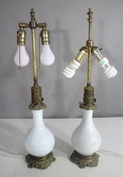 Pair Of Vintage White Glass & Brass Table Lamps  Ornate Base & Dual Sockets