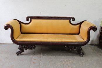 ANTIQUE AMERICAN CLASSICAL EMPIRE CARVED MAHOGANY CLAW FOOT SOFA