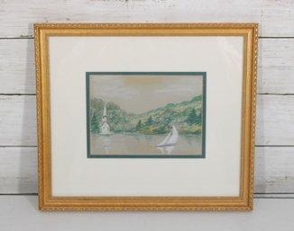 Framed Landscape Watercolor  Sailboat & Lakeside Church Scene  Inscribed Verso  11' X 12.5'