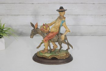 Vintage Handmade Resin Figurine  Man Riding Donkey W/ Fruit Basket  Colorful Folk Art Decor  12' H X 9.5' W