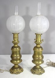 Pair Of Vintage Brass Hurricane Table Lamps  White Swirl Glass Globes