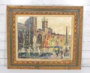 Signed Impressionist European Cityscape Painting  Fountain & Cathedral Scene  Ornate Frame  23.5' X 27.5'