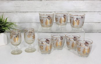 Vintage Libbey Gold Oak Leaf Frosted Glassware Set  9 Pc Barware Lot  Mid Century Cocktail Glasses