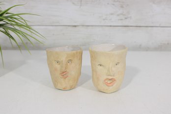 Pair Of Signed Studio Pottery Face Cups  Figural Art Pottery Tumblers  3'