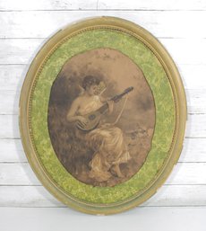 Antique Oval Framed Print  Romantic Woman With Lute  Victorian Style Wall Art  26.5' X 22.5'