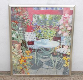 Large Framed Garden Patio Print  Colorful Floral Outdoor Scene  Signed  45' X 38.5'