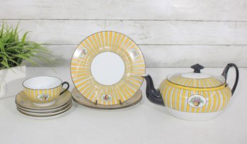 Art Deco Phoenix China Tea Set  Czechoslovakia Yellow & White Stripe Teapot, Cups & Plates