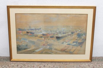 Vintage Harbor Shipyard Print  Adams & Grace Co. NY  Framed Maritime Scene  30' X 44'