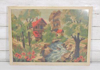 Vintage Needlepoint Landscape  Cottage & Stream Scene  Framed Textile Art  15.5' X 21.5'