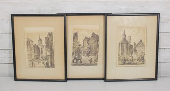 Set Of 3 Framed European Street Scene Etchings  Pencil Signed  Architectural Prints  14.5' X 11.5'