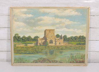 T. Holmes Signed Landscape Painting On Board  English Countryside Church Scene  16' X 20.5'
