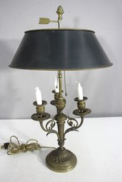 Antique French Empire Bouillotte Lamp  Brass Candelabra With Green Tole Shade
