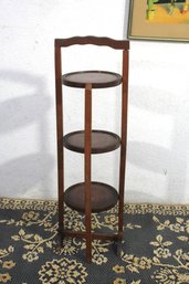 Vintage Three-Tier Wooden Plant Stand With Geometric Inlay