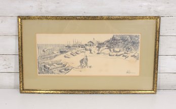 Signed Coastal Landscape Drawing  Harbor Scene With Figures  Framed Print/Ink Work  14' X 24'