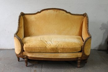 Antique French Carved Wood Settee With Yellow Upholstery  Restoration Project