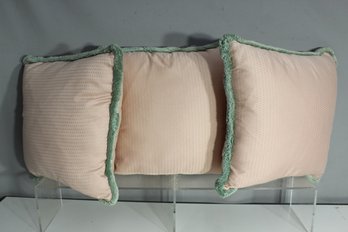 Set Of 3 Vintage Decorative Throw Pillows - 17' X 17' - Soft Peach With Green Trim