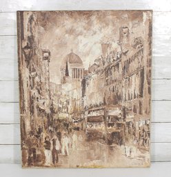 Signed Impressionist Paris Street Scene Painting  Sepia Cityscape With Dome  24' X 20'