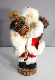 Vintage 16' Santa Claus Figurine With Basket, Teddy Bear & Wooden Base