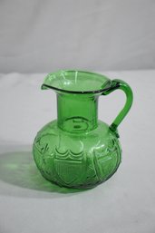 Vintage Green Mold Blown Glass Pitcher Americana Shield Design, Has Pontil Mark