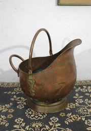 Very Large Vintage Brass & Copper Coal Scuttle With Ornate Handles - 24' H X 19' W