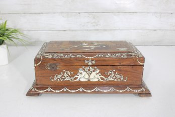 Vintage Inlaid Wood Jewelry Box  Figural Marquetry Scene  Ornate Floral & Mother Of Pearl Style Inlay  14'