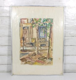 Signed 1977 Watercolor Street Scene  European Courtyard With Window & Tree  Framed  24' X 18'
